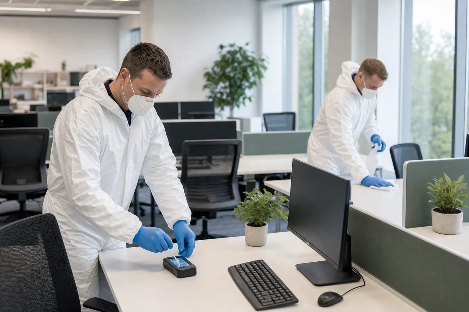 Technicians sanitising an open-plan office with ATP swab testing
