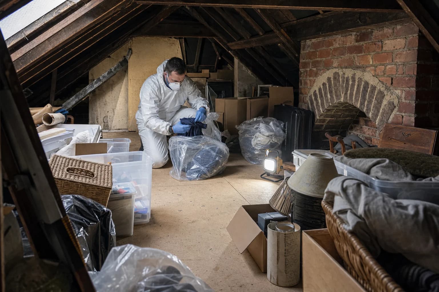 Specialist-cleaning team sorting stored items in a loft during clearance