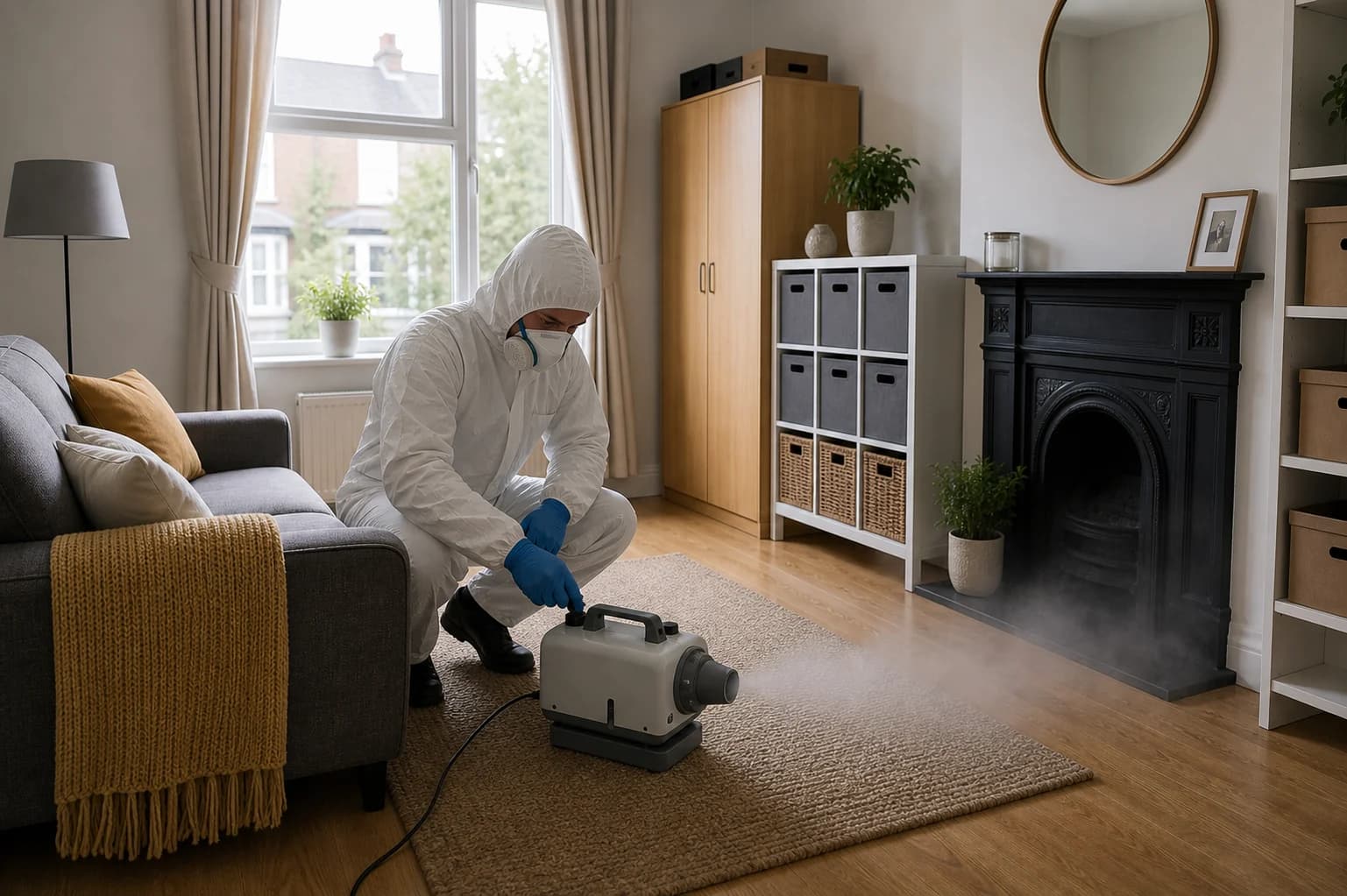 Air-scrubbing equipment running in a clean restored living room after specialist cleaning