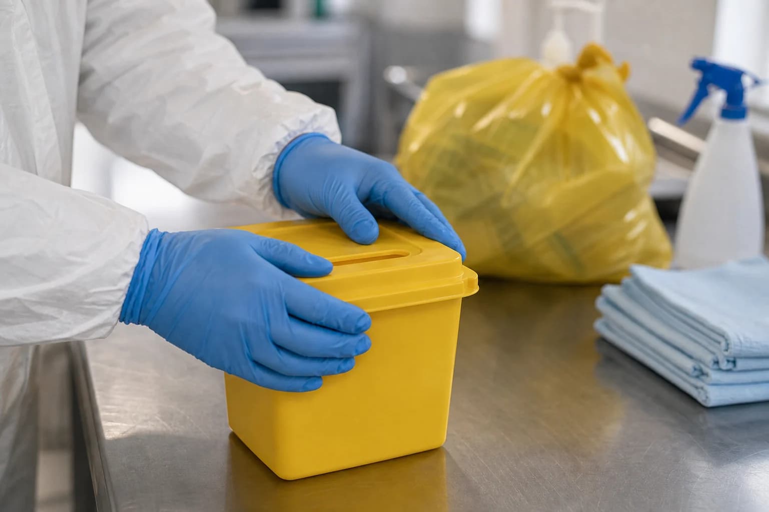 Gloved hands sealing a rigid yellow sharps container on a clean work surface