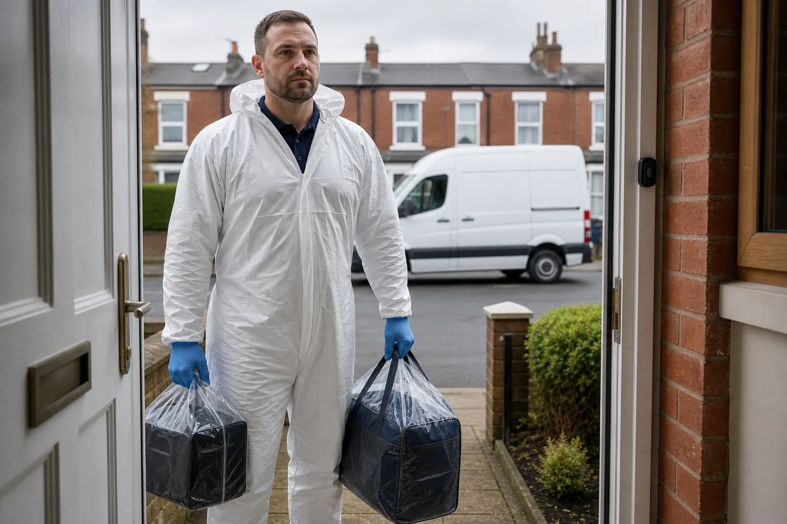 Discreet PPE technician at a residential doorway with an unbranded white van behind