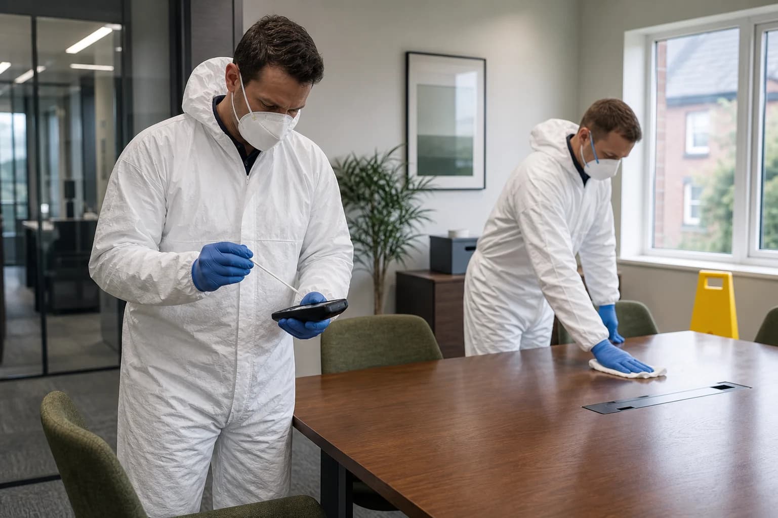 Specialist-cleaning technicians disinfecting a clean workplace room with ATP testing equipment