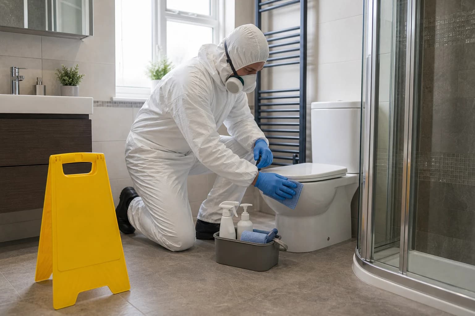 PPE technician disinfecting a clean bathroom with unbranded equipment