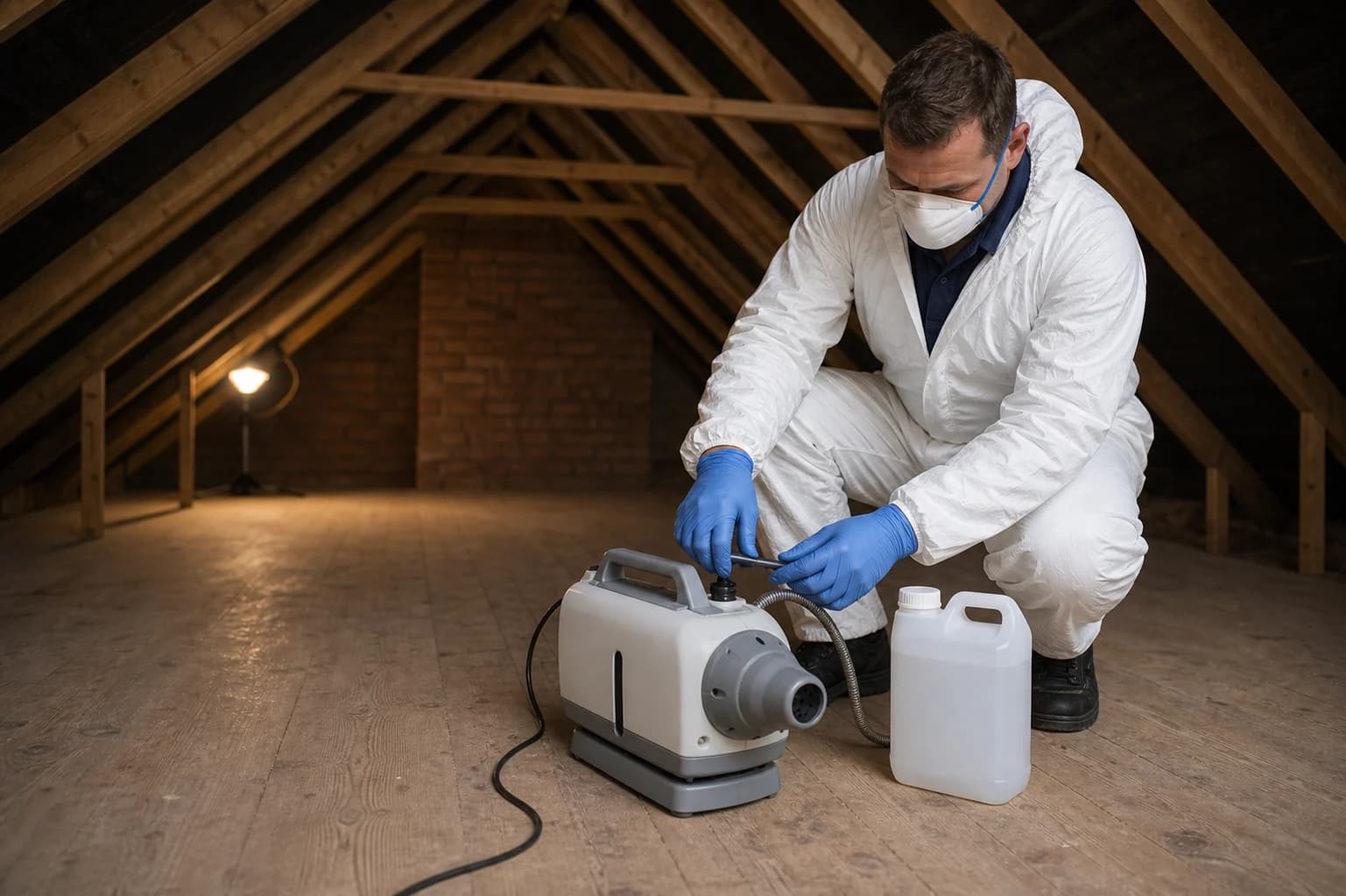 Technician setting up odour-neutralisation equipment in a cleared loft